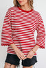 Racing Red Striped Print Drop Shoulder Lace Trim Bracelet Sleeve Loose Top