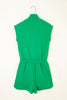 Bright Green Textured Short Sleeve Half Zip Drawstring Waist Romper