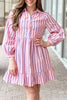 Pink Stripe Ruffled Hem Button-up Collared Shirt Mini Dress