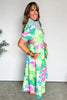 Pink Floral Print Striped Trim Button Down Short Sleeve Vacation Dress