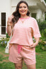 Green Stripe Boxy Tee Drawstring Elastic Waist Plus Size Short Set