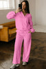 Bright Pink Polo Collar V Neck Pullover and Drawstring Sweatpants Set