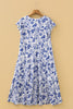Blue Ruffled Short Sleeve Tiered Floral Midi Dress