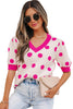 Rose Red Polka Dot Puff Short Sleeve Sweater Top