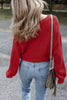 Racing Red Solid Textured Knit V Neck Drop Shoulder Sweater