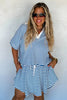 Blue Stripe Short Sleeve Collared V Neck Top Plus Size Skort Set