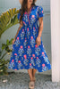 Blue Floral Puff Short Sleeve V Neck High Waist Maxi Dress