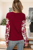 Wild Ginger Contrast Floral Sleeve Solid Ribbed Body Patchwork Long Sleeve Top