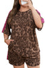 Brown Retro Leopard Print Contrast Varsity Stripe Trim Plus Size 2pcs Short Set
