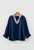 Violet Leopard Trim V Neck Flounced Bracelet Sleeve Blouse