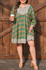 Green Plus Size Mixed Floral Print Striped Trim Loose Mini Dress