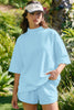 Light Pink Solid Color Exposed Seam Mock Neck Oversize Tee Casual Shorts 2pcs Outfit