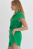 Bright Green Textured Short Sleeve Half Zip Drawstring Waist Romper