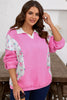 Pink Plus Size Contrast Polo Collar Floral Patchwork Elastic Cuffs Long Sleeve Top
