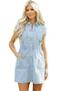 Sky Blue Stripe Collared Button Front Sleeveless Denim Mini Dress
