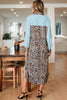 Sky Blue Stripe Contrast Leopard Patchwork Long Shirt Dress with Slits