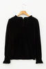 Black Frilled Collared Smocked Cuffs Puff Sleeve Velvet Blouse