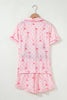 Pink Bow Print Contrast Pipping Short Pajamas Set
