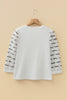 White Button Placket 3/4 Striped Sleeve Patchwork Rib Knit Top