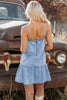 Beau Blue Bow Detail Spaghetti Straps Ruffle Hem Denim Short Dress