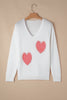 White Pearl Beaded Heart Pattern Fuzzy V Neck Sweater