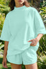 Light Pink Solid Color Exposed Seam Mock Neck Oversize Tee Casual Shorts 2pcs Outfit
