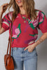 Red Floral Abstract Print Short Puff Sleeve Sweater