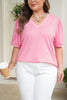 Bonbon V Neck Pleated Short Puff Sleeve Plus Size Blouse