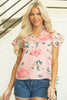 Pink Floral Print Frilled V Neck Pleated Sleeve Blouse