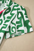 Green Abstract Print Striped Trim V Neck Short Sleeve Blouse