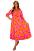 Orange Floral Print Frilly Smocked V Neck 3/4 Sleeve Long Dress