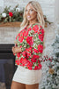 Red Floral Print Lace up V Neck Flounce Sleeve Blouse
