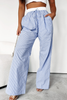 Sky Blue Stripe Wide Leg Buttoned Lace up Elastic High Waist Pants