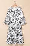 White Leopard Print Notch V Neck Loose Fit Maxi Dress