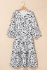 White Leopard Print Notch V Neck Loose Fit Maxi Dress