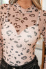 Khaki Mock Neck Sheer Mesh Leopard Long Sleeve Bodysuit