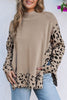 Gray Leopard High Neck Side Slit Oversized Sweater