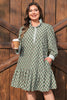 Green Contrast Striped Frilled Collar 3/4 Sleeve Plus Size Floral Dress
