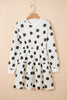 White Polka Dot Printed Long Sleeve Flared Mini Dress