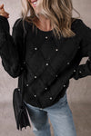 Black Pearl Embellished Rhombus Pattern Sweater