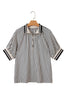Black Stripe Polo Collar Half Zip Short Puff Sleeve Blouse