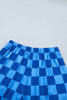 Dark Blue Plaid Checkered Long Sleeve Crop Top Elastic Waist Shorts Two Piece Set