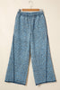 Blue Leopard Print Exposed Seam Detail Wide Leg Drawstring Jeans