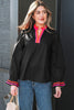 Black Striped Trim Ruffle Split Neck Long Sleeve Blouse