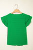 Dark Green Textured Ruffled Sleeve Round Neck Top