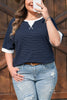 Blue Stripe Contrast Trim Plus Size Ribbed T Shirt