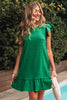 Dark Green Textured Flutter Sleeve Ruffled Mini Dress