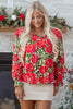 Red Floral Print Lace up V Neck Flounce Sleeve Blouse