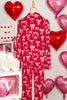 Red Sweet Bow Print Shirt Style Top Long 2pcs Pajama Set
