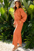 Flamingo Drop Shoulder Puff Sleeve Crop Pullover Drawstring Wide Leg Pants Set